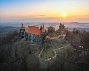 Aerial view of  medieval Grodziec Castle on sunrise, Lower Silesia, Poland