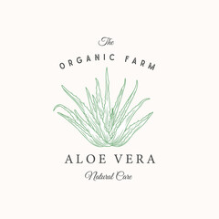 Aloe Vera Abstract Vector Sign, Symbol or Logo Template. Elegant Hand Drawn Aloe Sillhouette with Retro Typography. Vintage Luxury Emblem. Isolated.