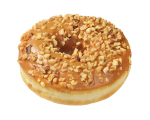 Caramel brown donut with nuts isolated on white.