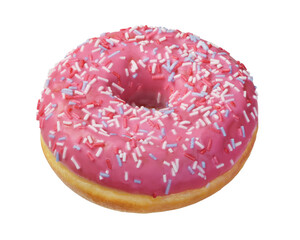 Pink donut with sprinkles isolated on white.