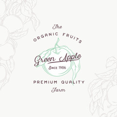 Green Apple South Farm Fruits. Abstract Vector Sign, Symbol or Logo Template. Apple with Leaf Sillhouette Sketch with Elegant Retro Typography. Vintage Luxury Emblem. Isolated.
