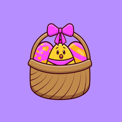 Cute cartoon chick in a basket with eggs in a vector illustration. Isolated animal vector. Flat cartoon style