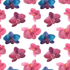 Watercolor floral seamless pattern, pink and blue orchid, delicate tropical background
