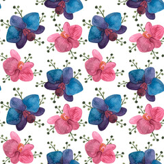 Watercolor floral seamless pattern, pink and blue orchid, delicate tropical background