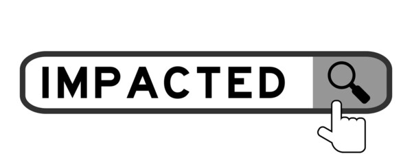 Obraz premium Search banner in word impacted with hand over magnifier icon on white background