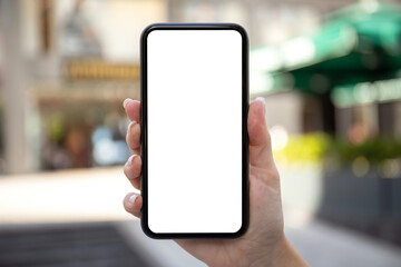 female hand hold phone with isolated screen background of store