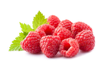Sweet raspberry with leaves closeup on white backgrounds.