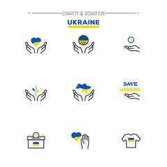Charity donation line pixel perfect vector icon set. Save Ukraine icons with Ukrainians national colors: blue and yellow. Human hands holding heart, globe, volunteer logo. Nonprofit and charity.