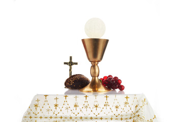 Christian holy communion with Chalice on white background