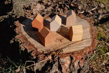 wooden house models on tree stump in the outdoors. concept image for wood as a renewable and...