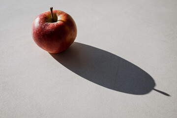 a delicious, juicy and healthy apple is illuminated by the sun and casts a long shadow on a stone...