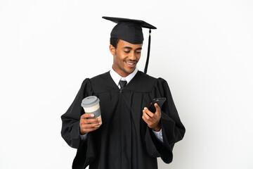 African American university graduate man over isolated white background holding coffee to take away and a mobile