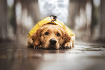 Golden Retriever  Hund mit Regenmantel