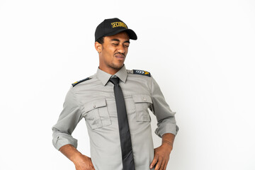 African American safeguard over isolated white background suffering from backache for having made...