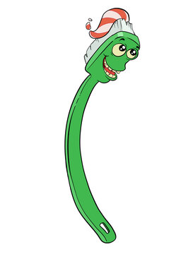 A funny smiling green toothbrush cartoon character with red and with toothpaste. Vector illustration