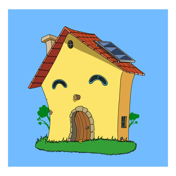 A cartoon house character with windows like eyes and a door like a mouth and sola panels in the roof. Vector illustration