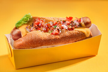 appetizing hot dog lies in a yellow box on a yellow background