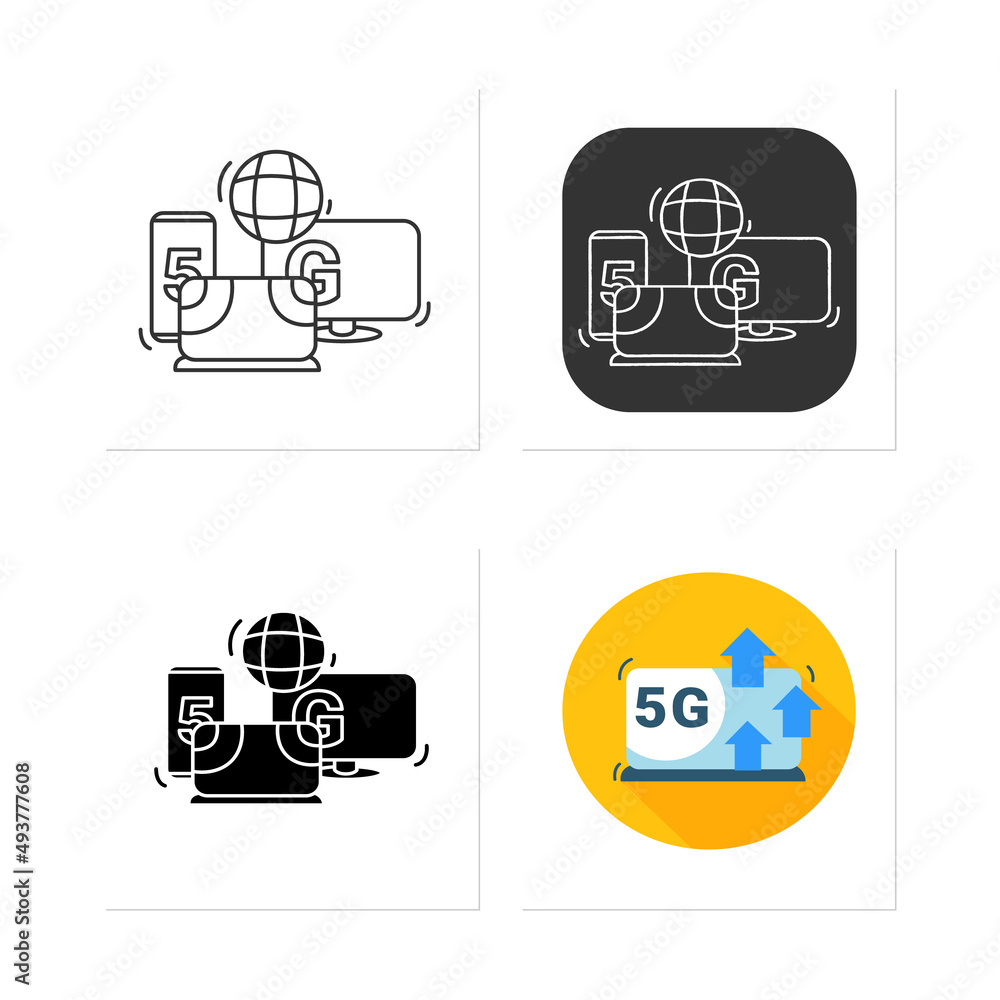 Poster 5g internet connection icons set. mobile devices, pc connect to global web. fifth generation, comput