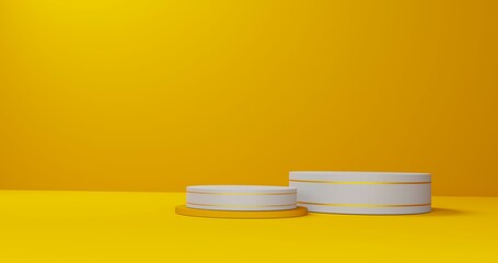 Set of tow white cylinder with golden line pedestal podium display on empty room yellow  background. Abstract modern 3D rendering 3d shape for cosmetic products presentation. Pastel minimal scene