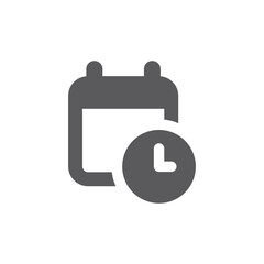 Date and time black vector icon. Calendar with clock filled symbol.