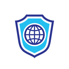 Global network protection concept icon. Secure guard protect symbol. Shield and globe sign. Vector illustration. 