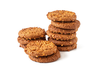 Sweet round oatmeal cookies with peanuts on a white background