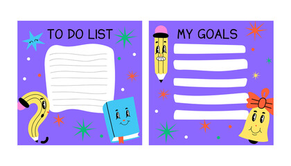 Kids planner. To do list, my goals template. Funny cartoon characters, notebook sheet template, poster for kids, childish stationery design, hand drawn abstract bright colors vector comic flat concept