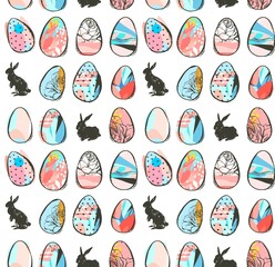 Hand drawn vector abstract sketch graphic scandinavian freehand textured modern,collage Happy Easter cute simple bunny illustrations seamless pattern and Easter eggs isolated on white background.