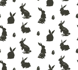 Hand drawn vector abstract sketch graphic scandinavian freehand textured modern collage Happy Easter cute simple bunny,eggs illustrations silhouette seamless pattern isolated on white background