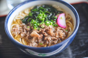 長崎県五島列島福江島 名物の郷土料理 素麺のような食感の五島うどんの肉うどん