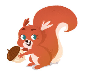 illustration of funny red squirrel with acorn - obrazy, fototapety, plakaty