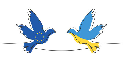 Ukraine connect with European Union. Unification concept. Bird line icon. Ukrainian flag colors dove. Vector illustration isolated on white background