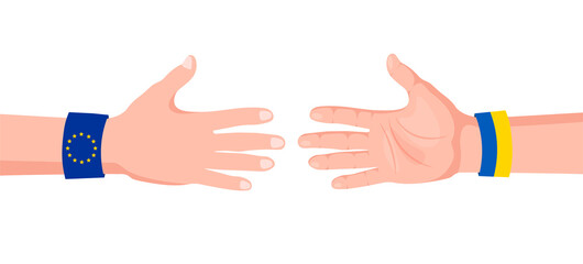 Ukraine connect with European Union. Unification concept. Hand with open palm. Ukrainian bracelet with flag colors. Save Ukraine from russia. Vector illustration isolated on white background