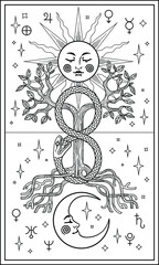 Tarot card with moon, sun, ouroboros and Yggdrasil tree of life from scandinavian mythology. Vector outline for coloring page