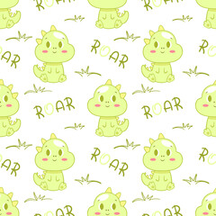Cute baby dinosaur, Godzilla, seamless vector pattern, hand-drawn