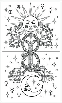 Tarot card with moon, sun, ouroboros and Yggdrasil tree of life from scandinavian mythology. Vector outline for coloring page