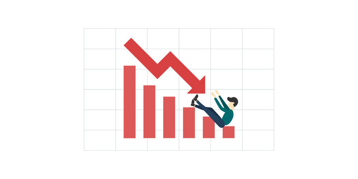 Economic critical crisis concept. The businessman falling red graph drops down and charts. Recession financial, cryptocurrency, gold, and the stock market. Losing money and cash.