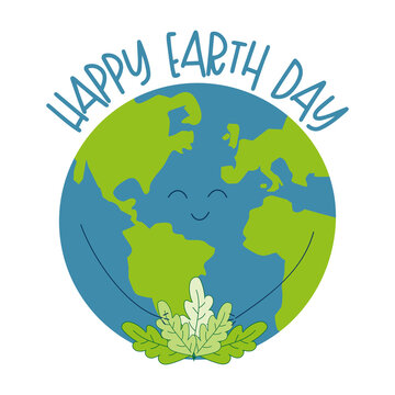 Happy Earth Day - cute smiley Planet Earth with leaves. Good for greeting card, poster, banner, label, and other gifts design.