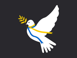 A white dove of peace with a ribbon of the symbolic colors of the Ukrainian flag of blue and yellow on a black background. 
