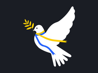 A white dove of peace with a ribbon of the symbolic colors of the Ukrainian flag of blue and yellow on a black background. Vector.