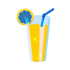 Orange juice in a glass transparent glass with a straw and a piece of citrus fruit. Summer drink on a white background. 