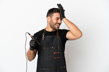 Tattoo artist man isolated on white background has realized something and intending the solution