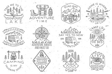 Set of camping badges, patches. Vector illustration. Concept for shirt or logo, print, stamp or tee. Vintage line art design with bear in canoe, lake and forest. - 493782444