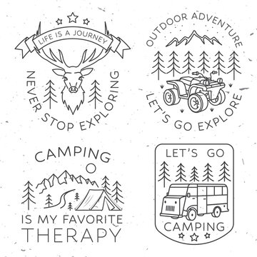 Set of camping badges, patches. Vector. Concept for shirt or logo, print, stamp or tee. Vintage line art design with elk, forest, quad bike, landscape.
