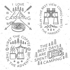 Fototapeta premium Set of camping badges, patches. Vector. Concept for shirt or logo, print, stamp or tee. Vintage line art design with compass, tent, binoculars and forest. Summer camp.