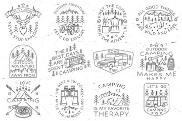 Set of camping badges, patches. Vector illustration. Concept for shirt or logo, print, stamp or tee. Vintage line art design with RV Motorhome, binoculars and forest.
