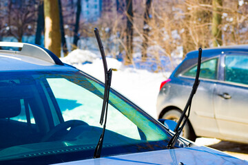 _raised windshield wipers of the car. dirty car. Close-up. - obrazy, fototapety, plakaty