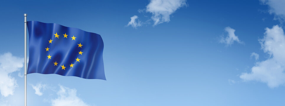 European union flag isolated on a blue sky. Horizontal banner