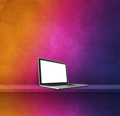 Laptop computer on rainbow shelf. Square background