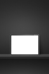 Digital tablet pc on black wall shelf. Vertical background banner